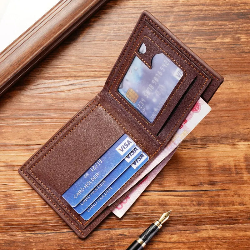 Men's thin three-fold horizontal PU leather wallet showing multiple card slots in black colour