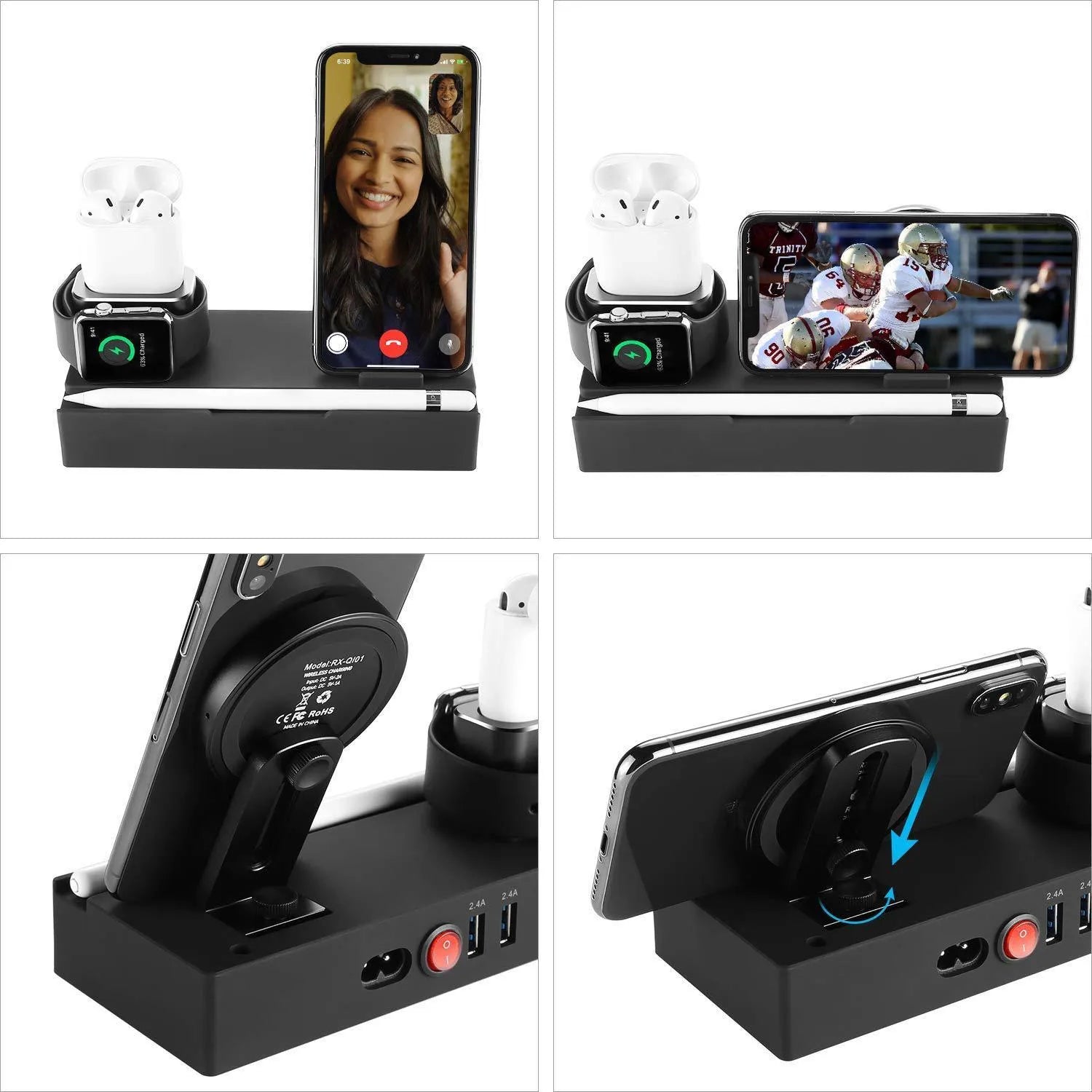 Black eight-port wireless charging station with USB hub and 150cm power cord