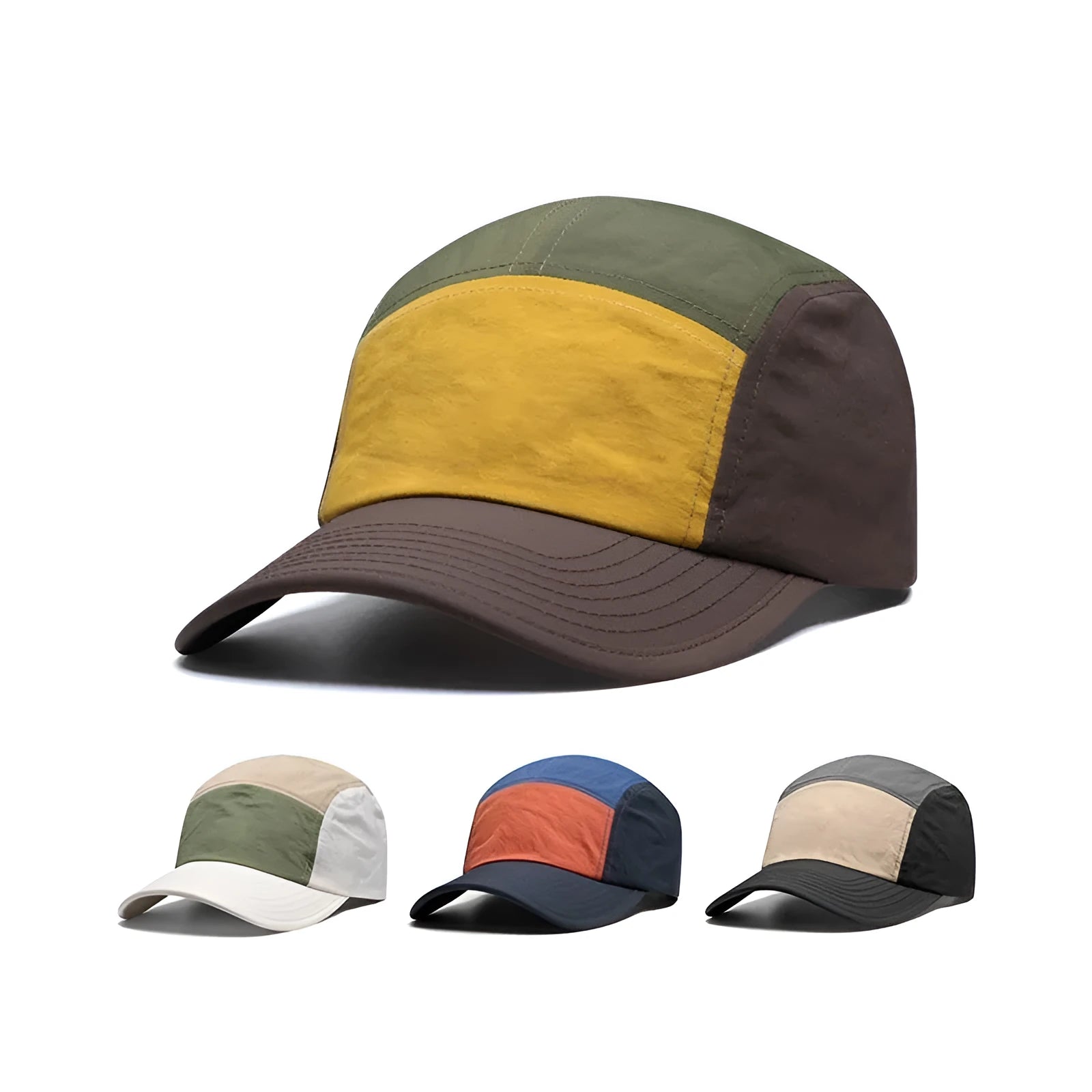 Men's quick-drying baseball cap with curved brim in khaki, army green, orange, or yellow.