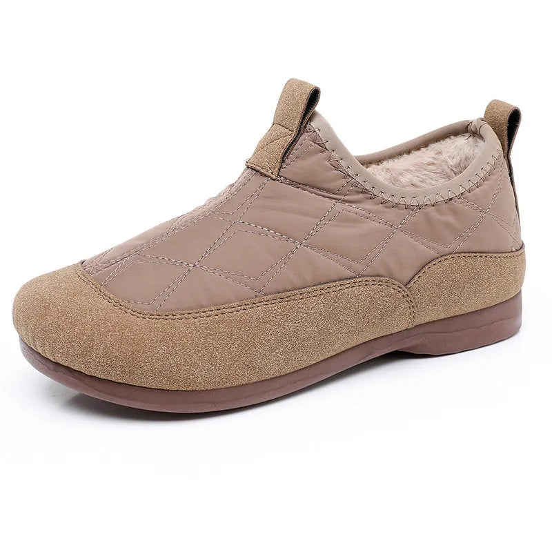 Women's winter slip-on shoes with plus velvet lining and flat PVC sole, available in khaki, apricot, and black.
