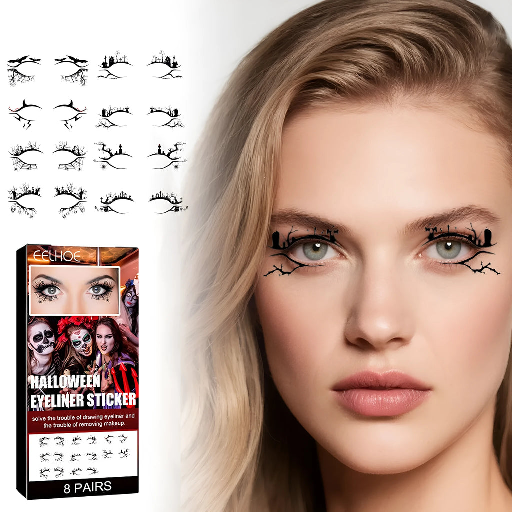 Set of eight pairs of bat and spider decorative eyeliner stickers for makeup application
