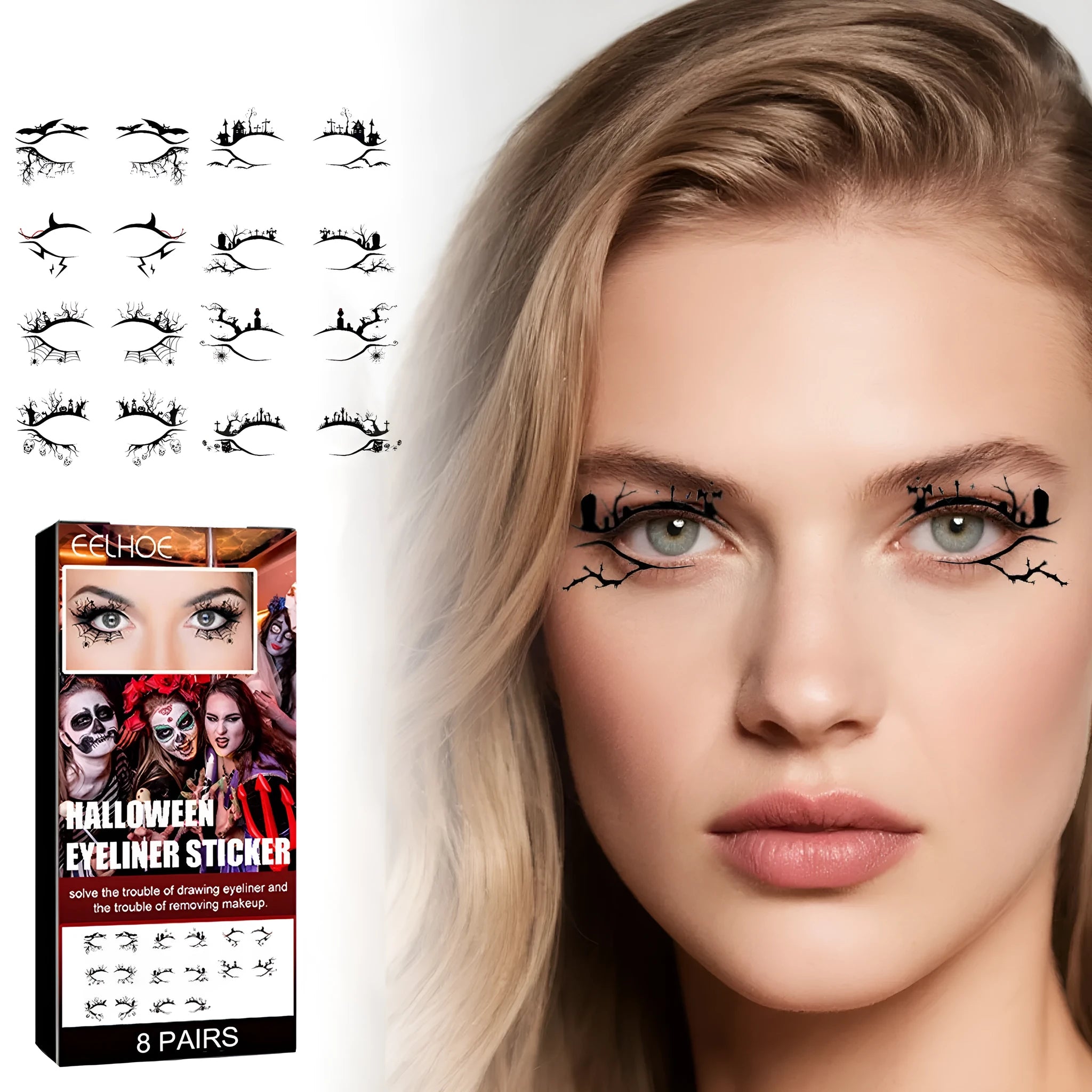 Set of eight pairs of bat and spider decorative eyeliner stickers for makeup application