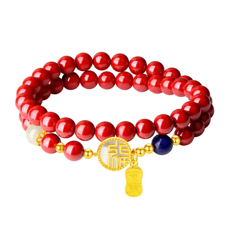 Women's 925 sterling silver bracelet with blessing card, cinnabar charm, white shell accents and engraved characters