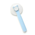 Self-cleaning pet grooming brush with blue rubber handle and stainless steel bristles