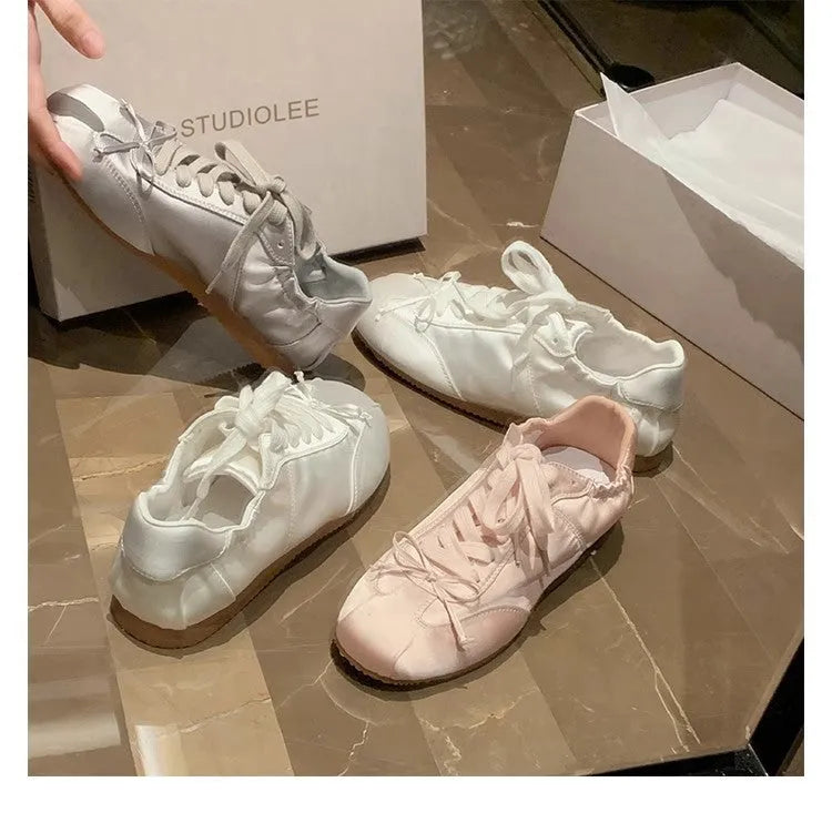 Women's ballet style satin sports board shoes with round toe and front lace-up in three colour options