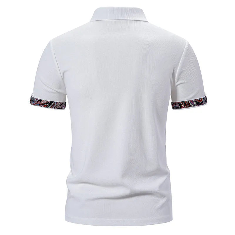 Men's short sleeve polo shirt in cotton blend fabric, showing turnover collar and colour stitching detail.