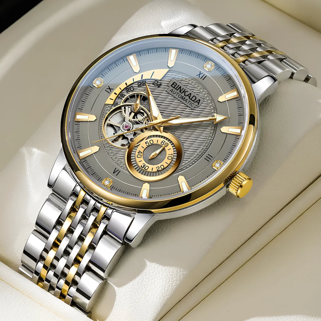 Men's full-automatic waterproof mechanical watch gold white dial 9mm thickness business style