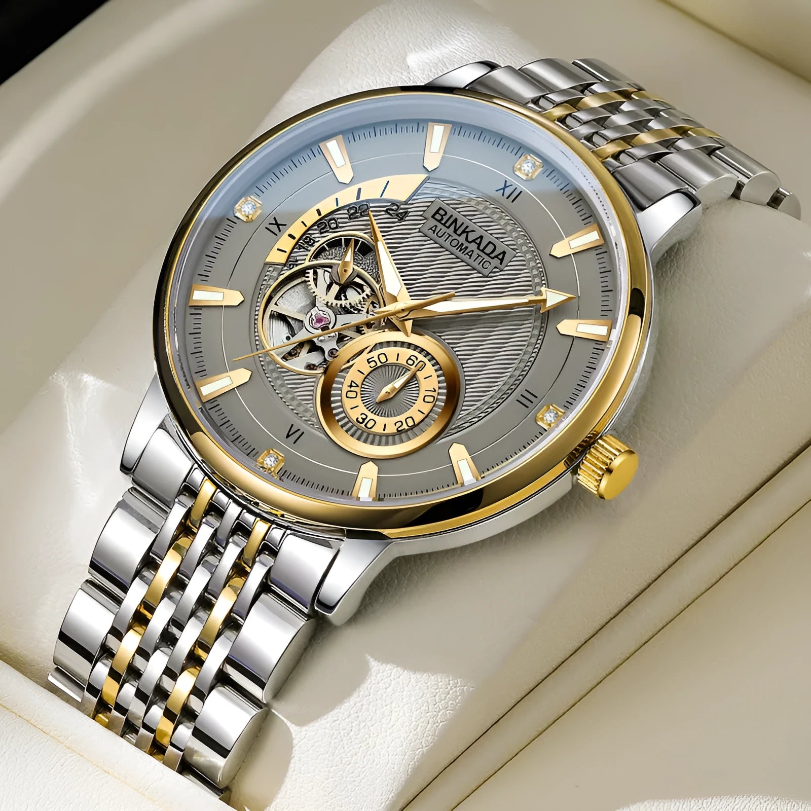 Men's full-automatic waterproof mechanical watch gold white dial 9mm thickness business style
