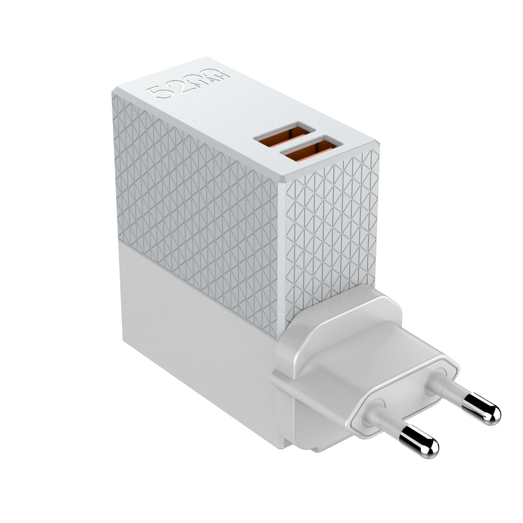 White two-in-one mobile power bank charger with built-in UK, EU, and US plug pins