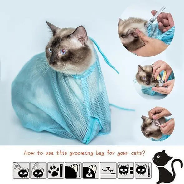 Pet soft cat grooming bag in blue polyester mesh with front zipper, 52x34cm