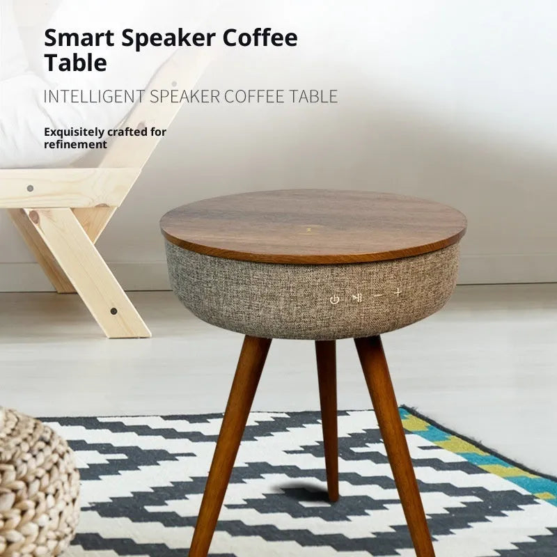 Light smart corner table in walnut wood finish with built-in Bluetooth speaker and wireless charging surface