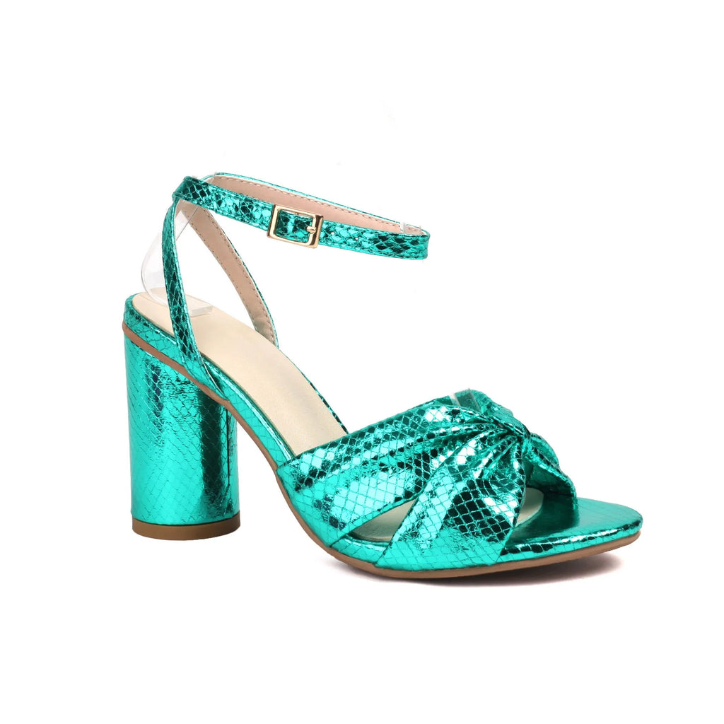 Women's gold high heel peep toe sandal with an adjustable ankle buckle on a white background.