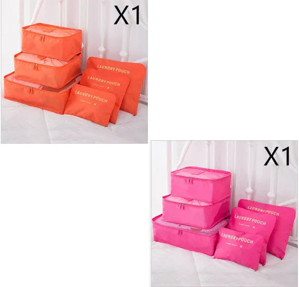 6 PCS travel storage bag set in polyester with handbag shape, multiple colour options for clothes and cosmetic organisation