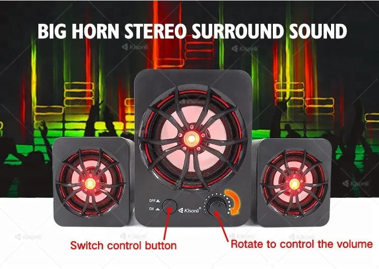 Green 2.1 USB computer speaker with colourful LED lighting and 150cm cable