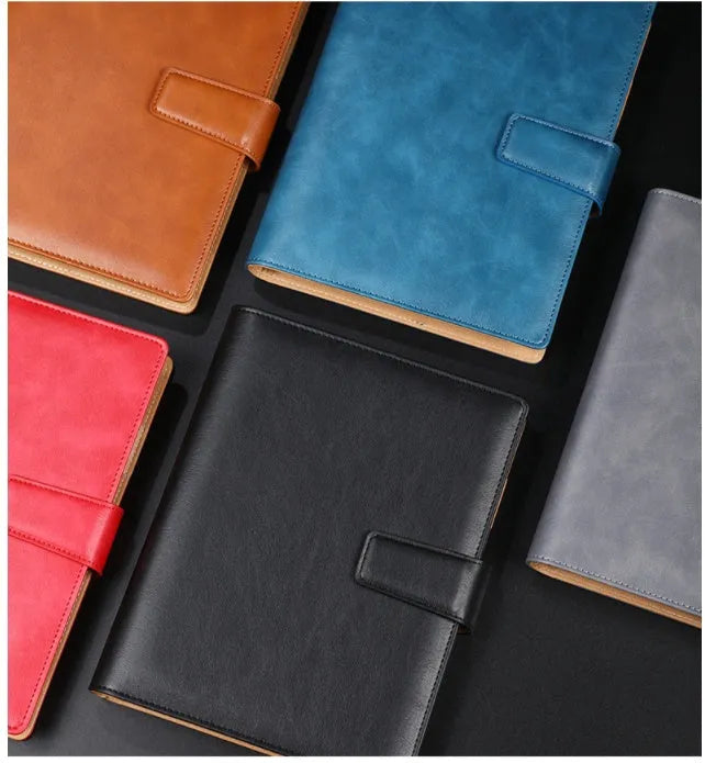 A5 leather notebook with 6-hole binder clip in black, blue, brown, grey or red colours