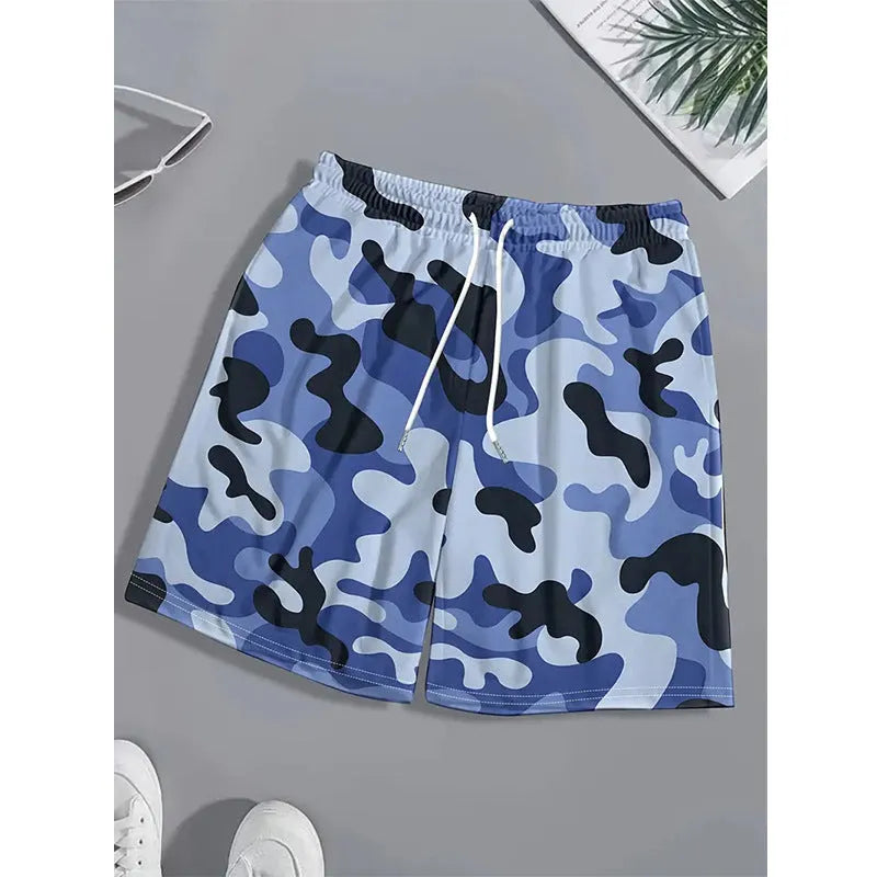 Men's polyester beach shorts with elastic waistband in various printed colours