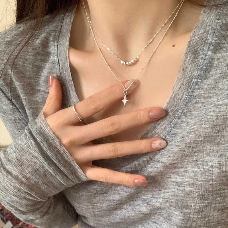 Double layer stainless steel necklace with opal cross pendant for women, colour XL3329