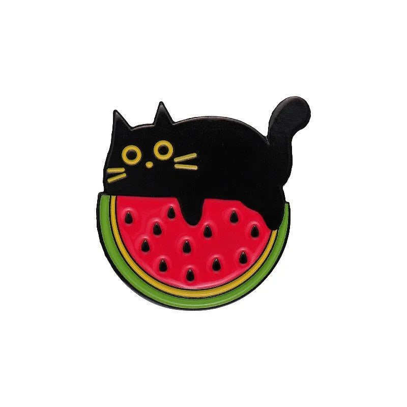 Close-up of a colourful cartoon fruit and letter design zinc alloy brooch pin.