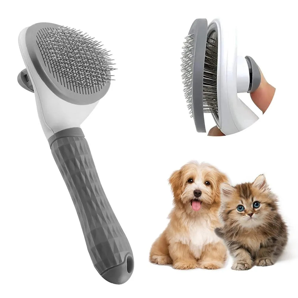 Blue, grey, and pink cat grooming brush with a release button for removing pet hair.