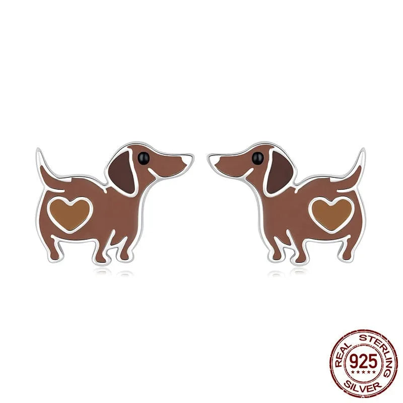 S925 sterling silver sausage dog drop earrings in SCE1929 colour with dripping oil finish, supplied as a pair for women