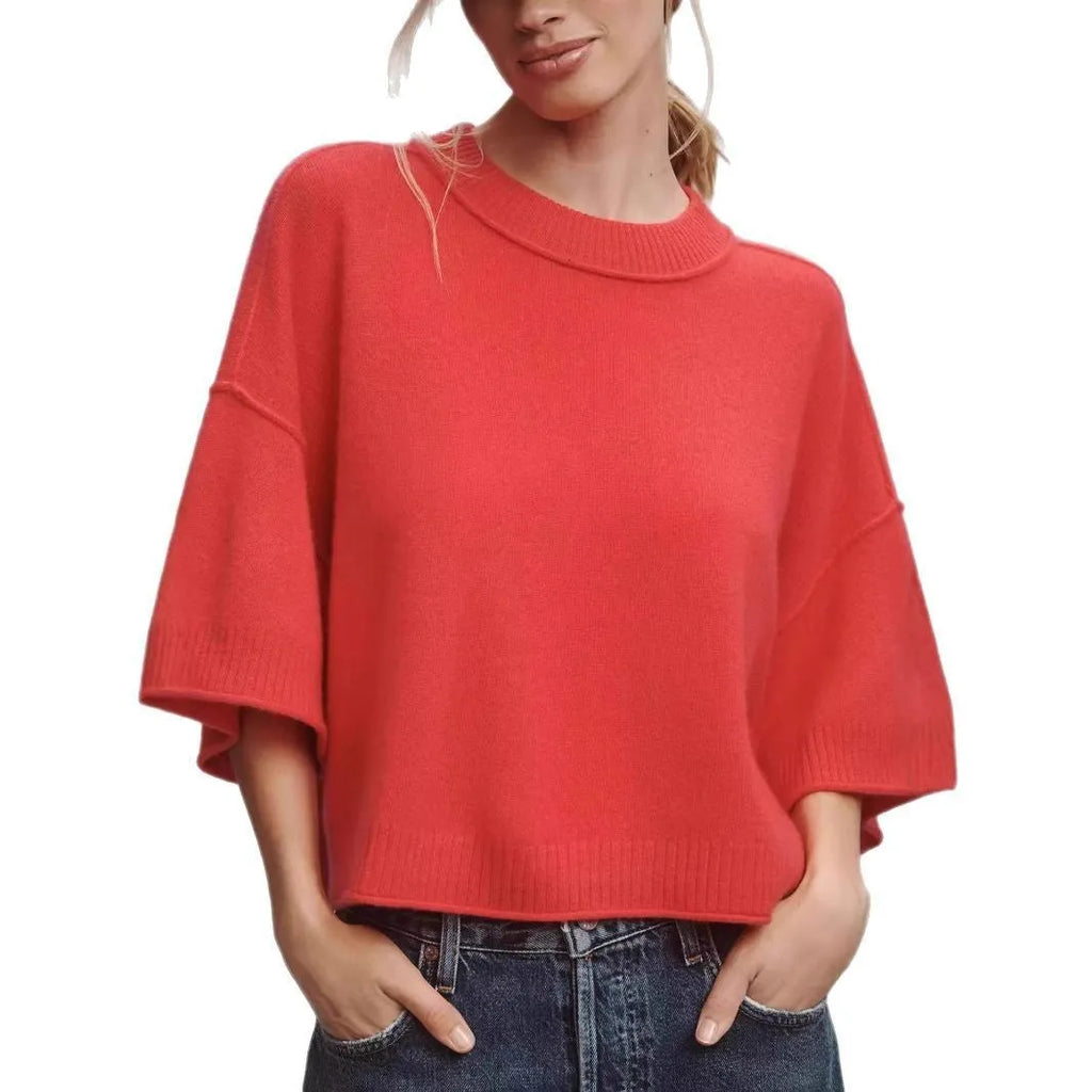 Red short viscose T-shirt with regular sleeves and an exposed navel design on a mannequin.