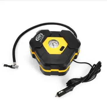 Portable car electric air compressor tyre inflator with compact body measuring 22cm by 19.5cm by 8.5cm