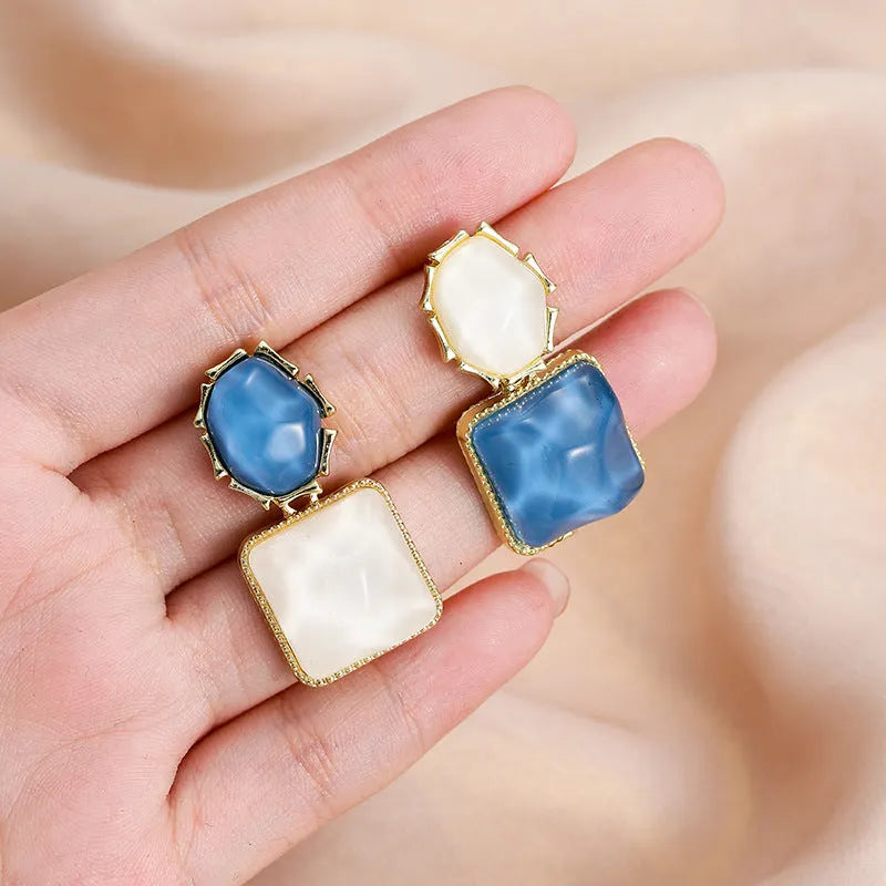 Contrast colour water ripple geometric square earrings in forest green, electroplated alloy, 1.5cm, women's Korean style jewellery