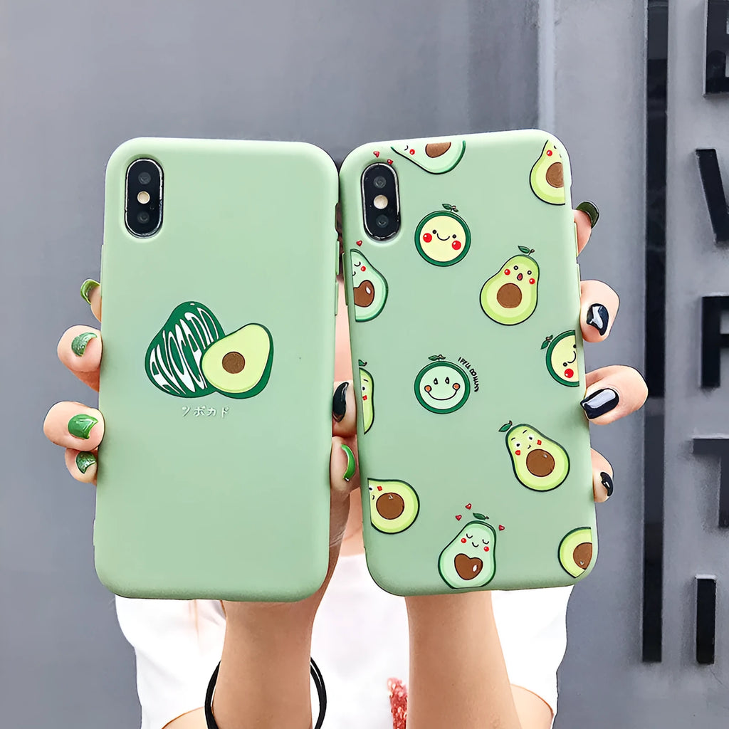 Green cartoon avocado design on a flexible TPU mobile phone case for Apple iPhone.