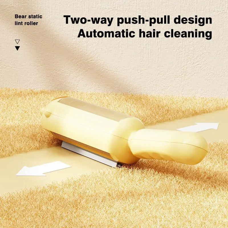 Blue reusable pet hair remover with self-cleaning base on a carpet.