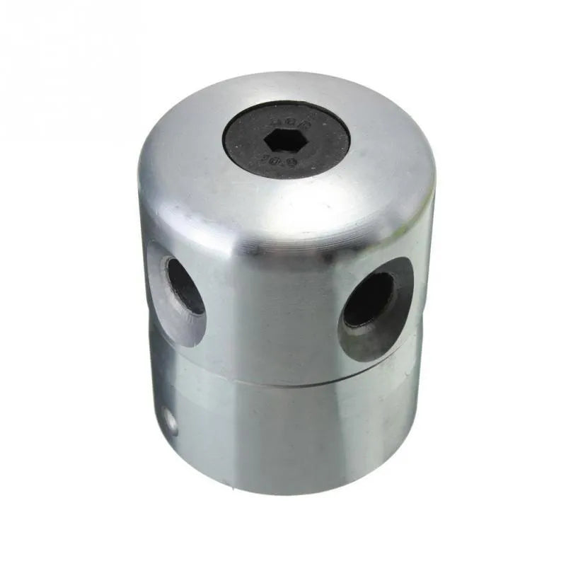 Silver aluminium lawn mower grass trimmer head accessory with four light yellow square ropes and a wrench.