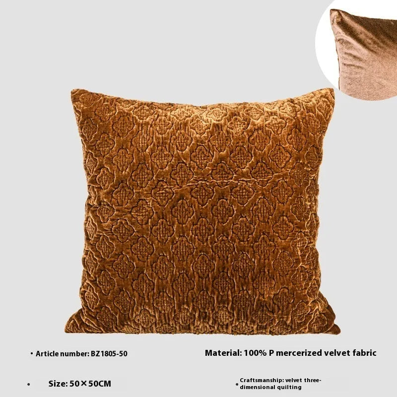 Antique brown gold quilted cushion pillow with three-dimensional quilting pattern