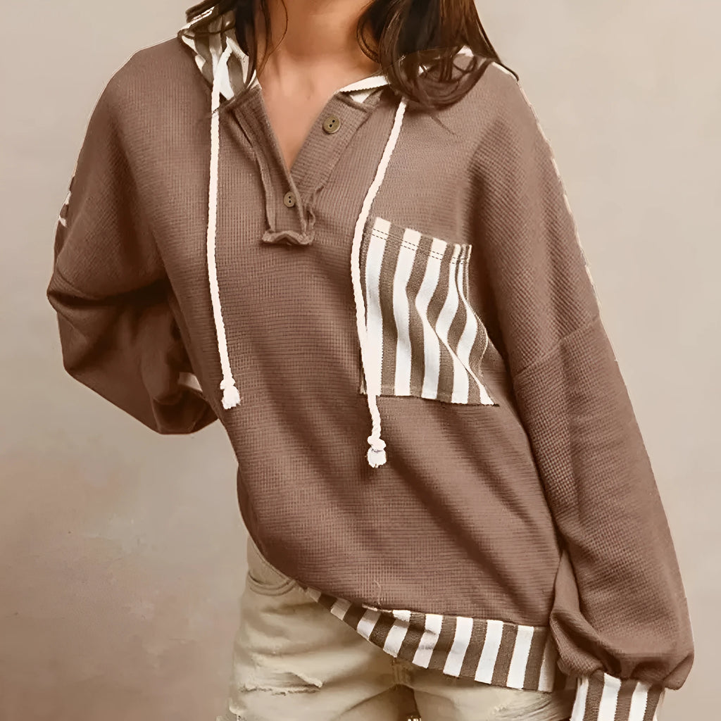 Straw yellow striped patchwork hoodie with a waffle texture and button neck drawstring.