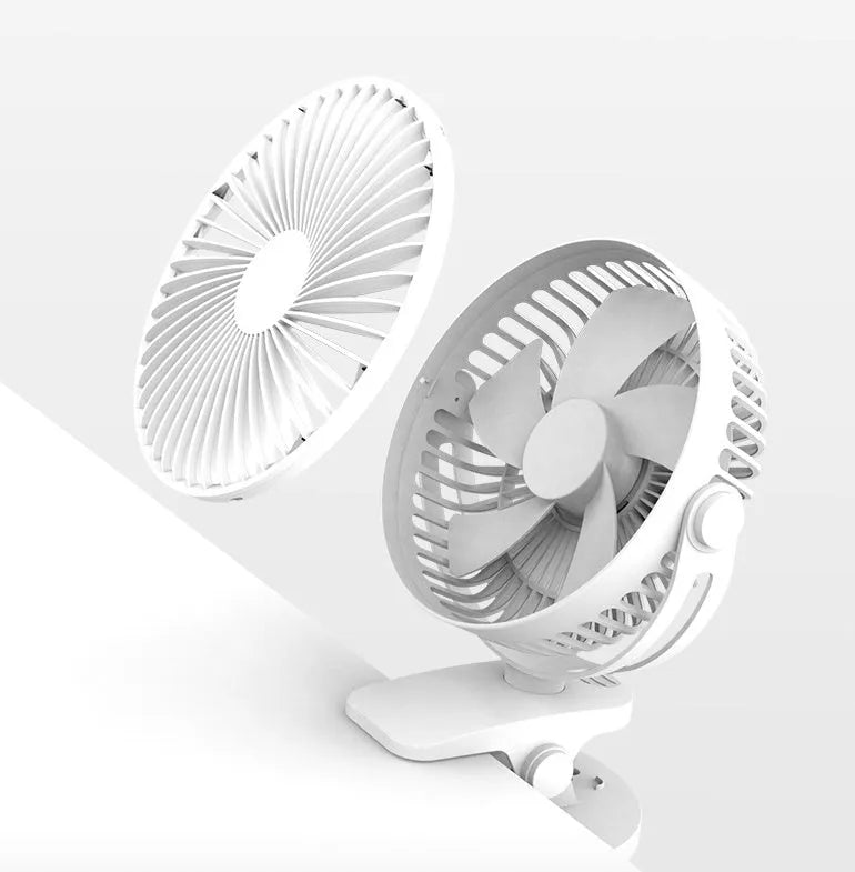 USB mini clip fan in green with clip base on wooden desk showing 135mm blade