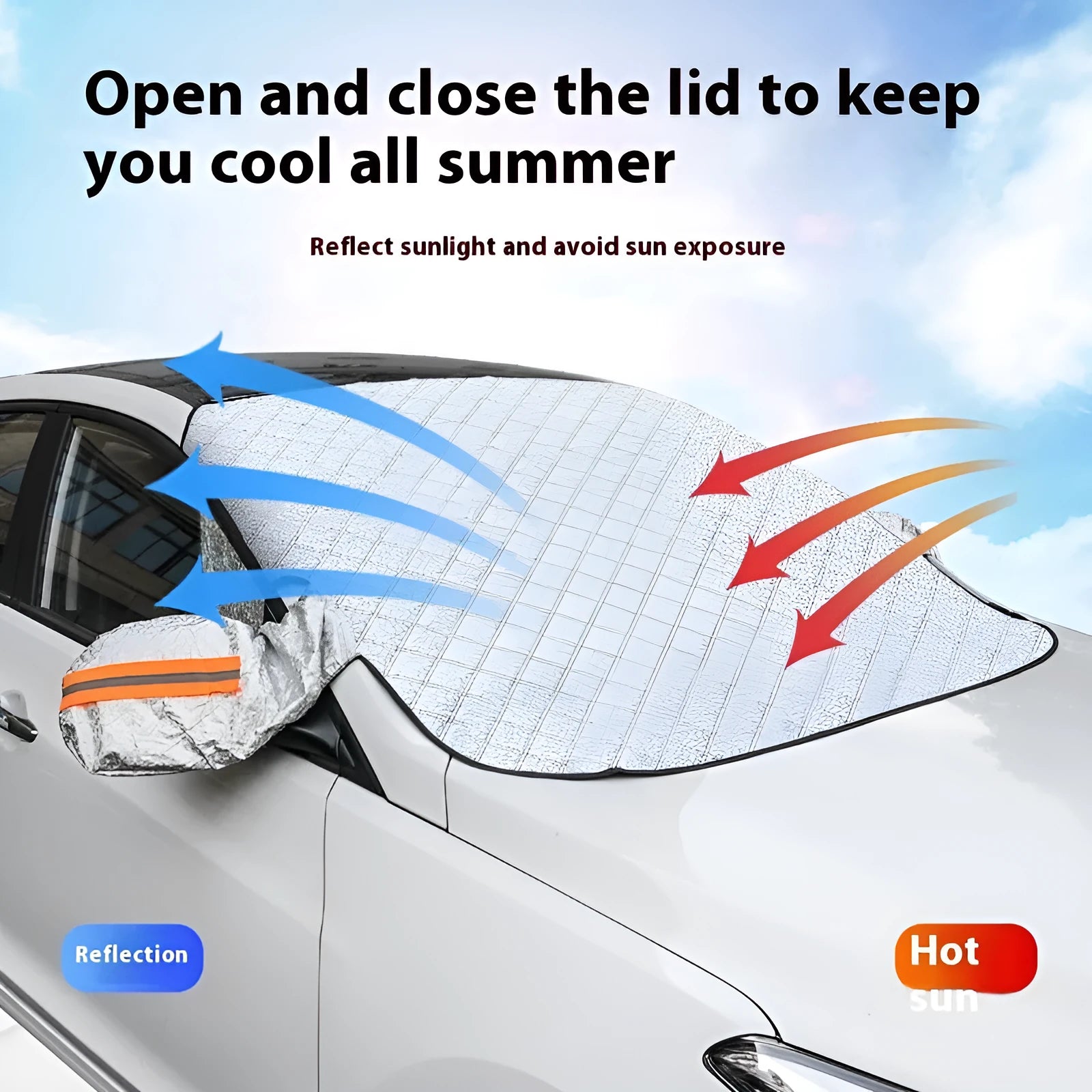 Winter car windshield cover with aluminium foil construction and magnetic fasteners for SUV frost protection
