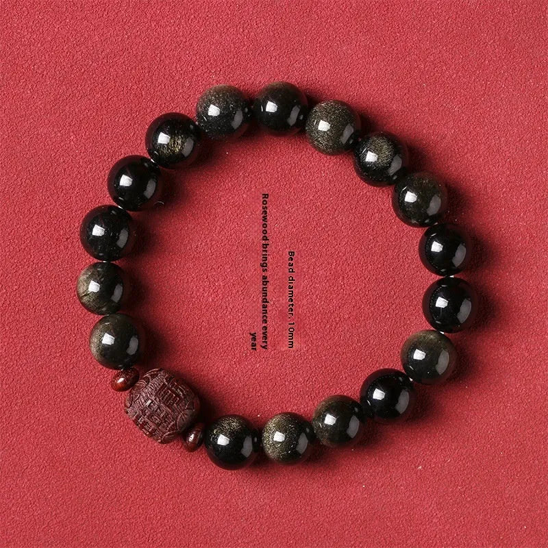 Hand-woven vintage bracelet with 10mm Golden Obsidian beads in national retro style