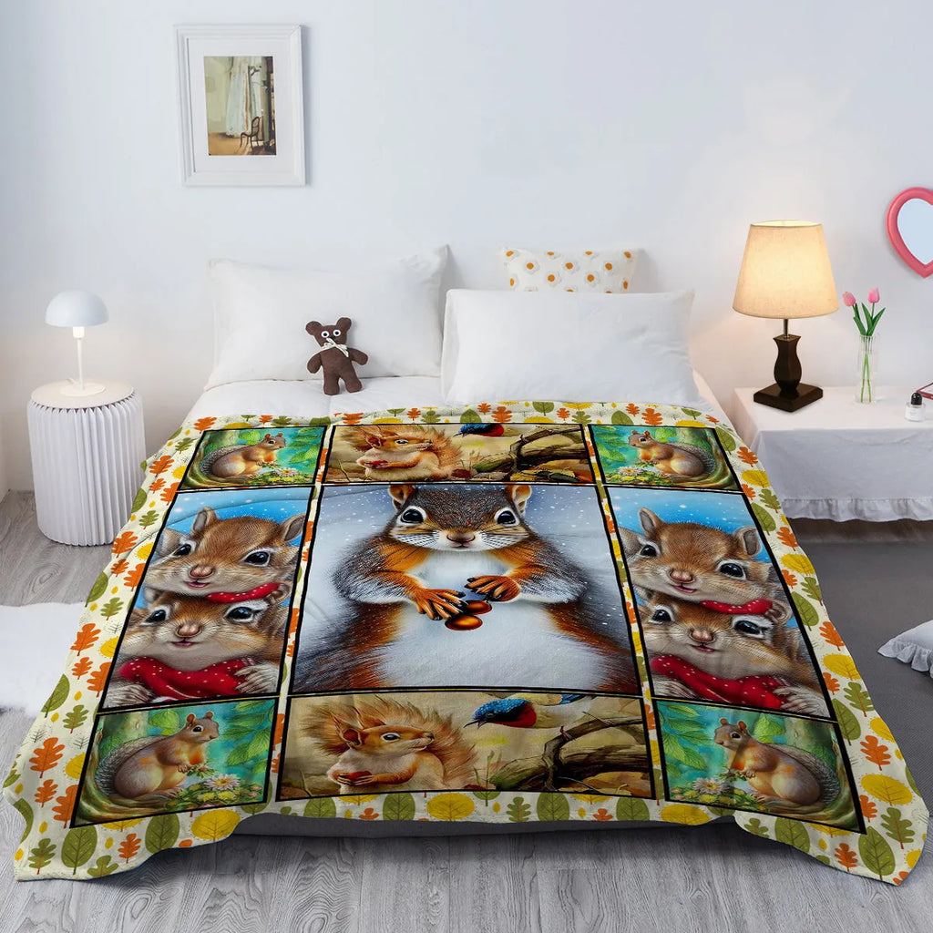 Flannel white bellied squirrel printed blanket in yellow with squirrel pet theme design