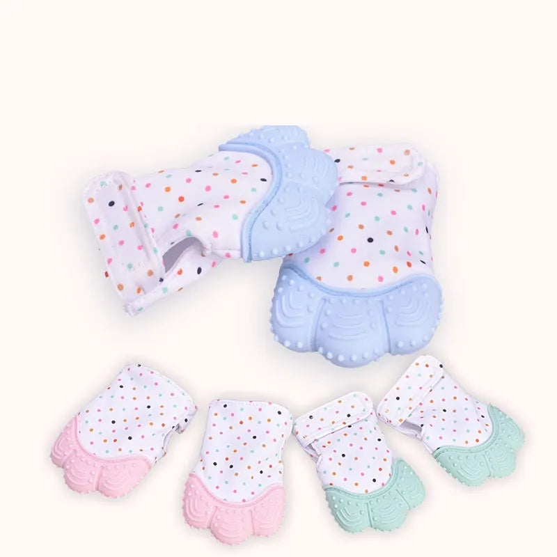 Silicone baby teether gloves with Velcro strap in multiple colour options for infants 3-12 months