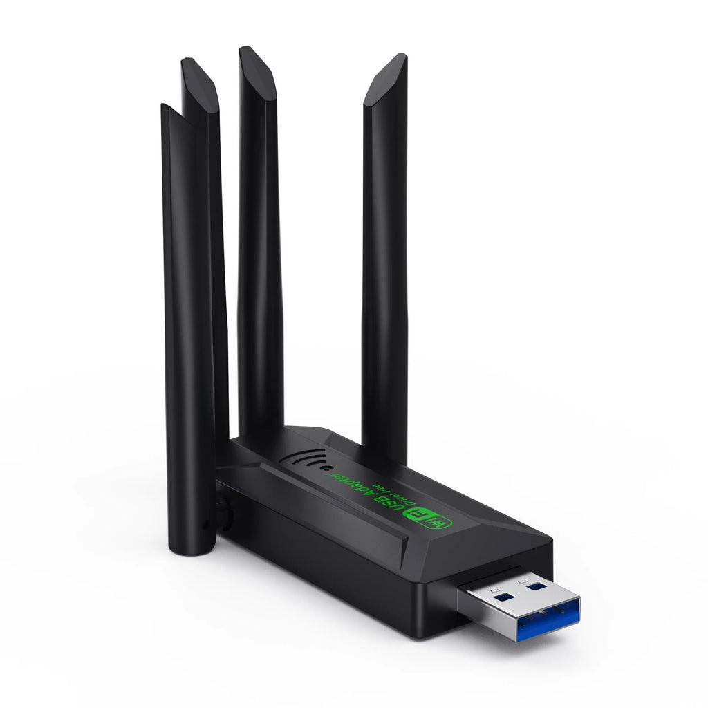 Black USB network transmitter with four antennas for computer wireless connectivity
