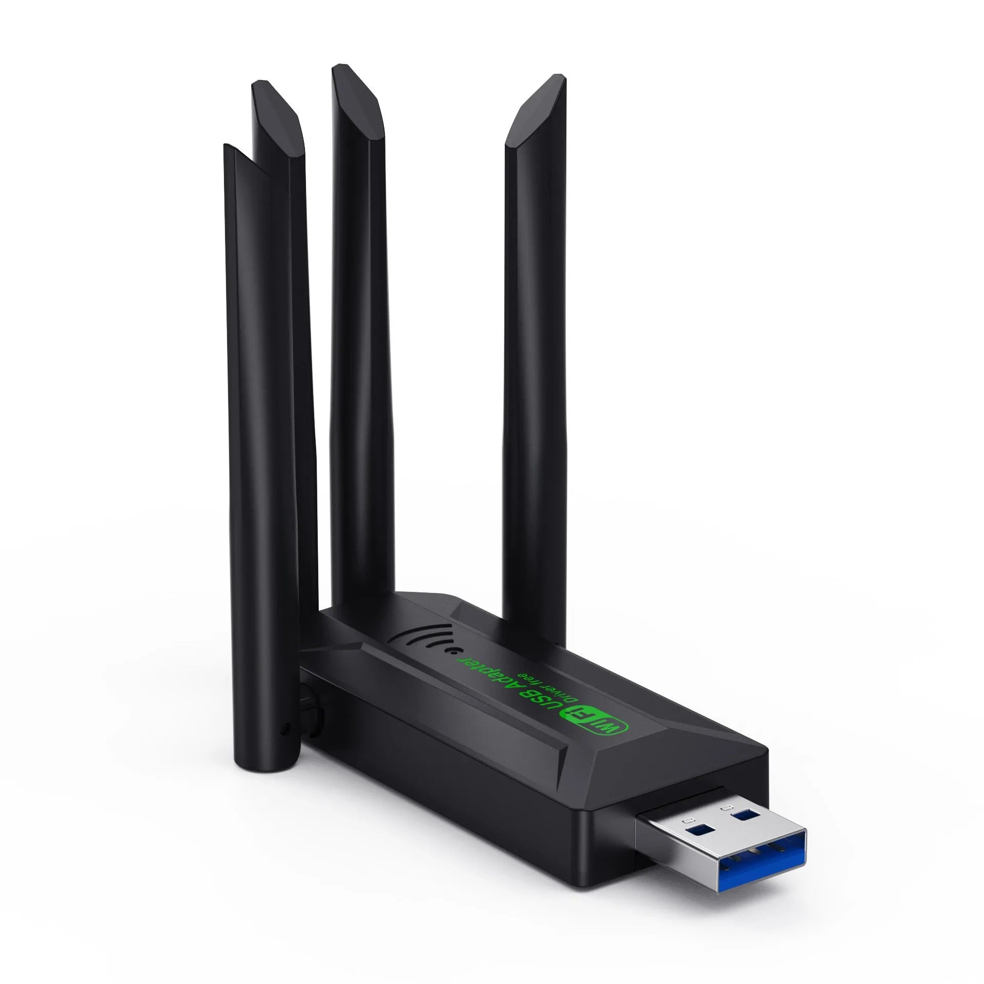 Black USB network transmitter with four antennas for computer wireless connectivity