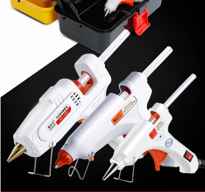 White electric hot melt glue gun with safety power switch LED, anti-heat blanket, and metal bracket