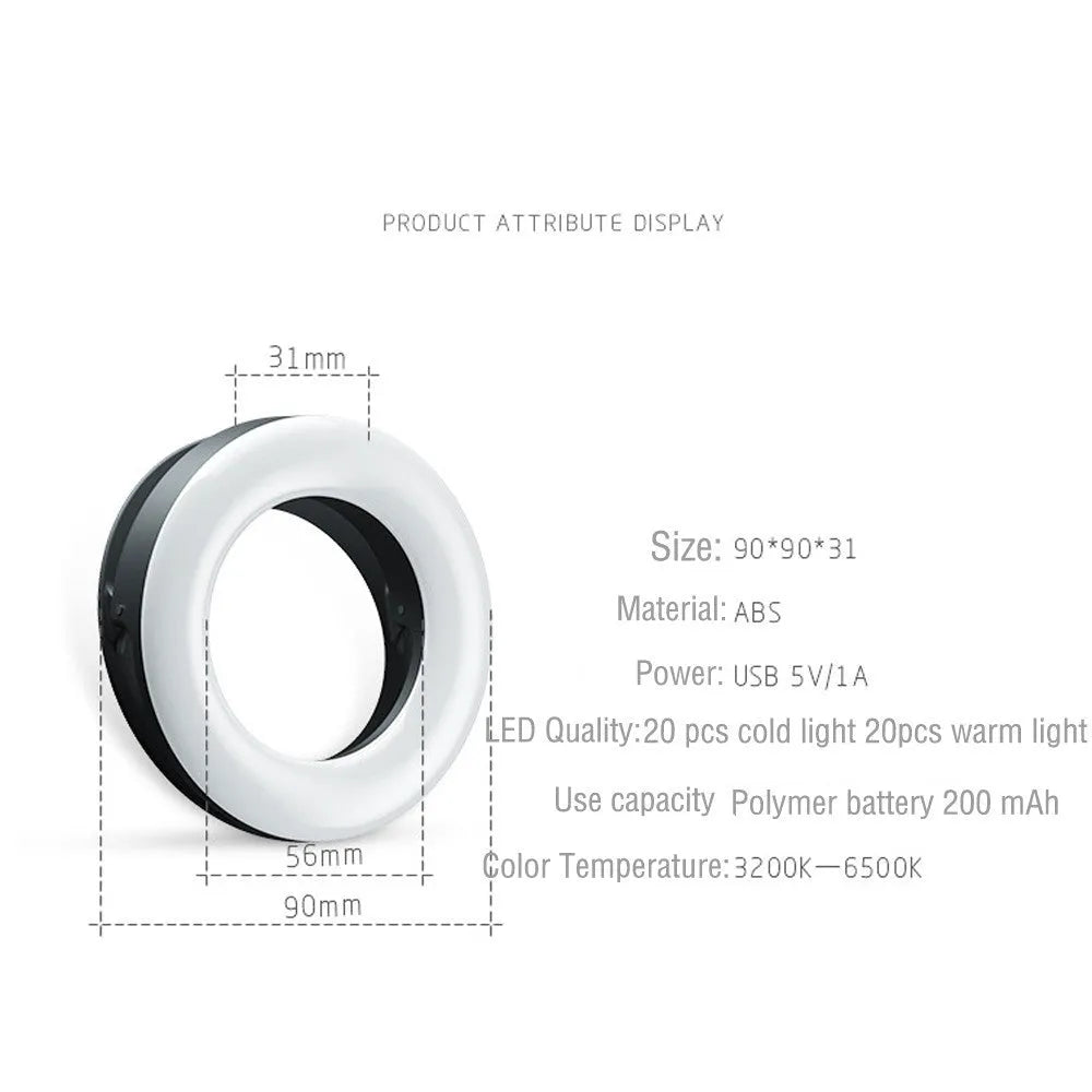 Compact black ring light for smartphone photography with USB charging cable.