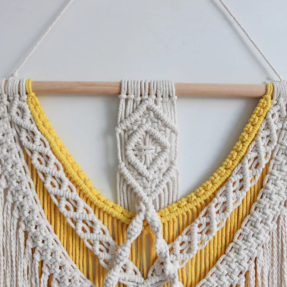 Hand-woven creamy white cotton tapestry wall hanging with rectangular shape measuring 120cm by 95cm