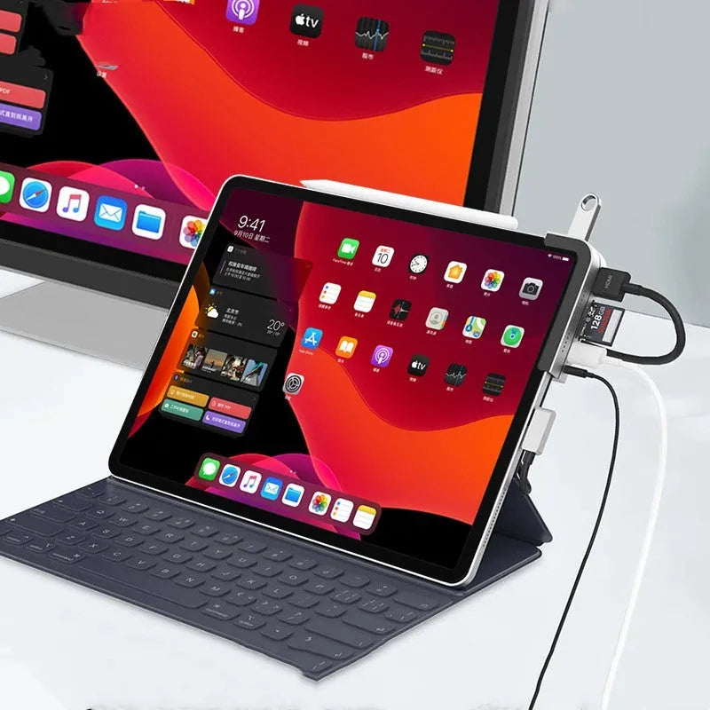 Silver aluminium grey 6-in-1 USB-C docking station for iPad Pro with multiple ports