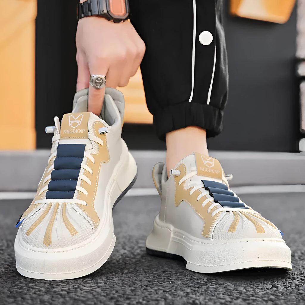 Men's beige casual sneakers with elastic band closure and leather stitching detail
