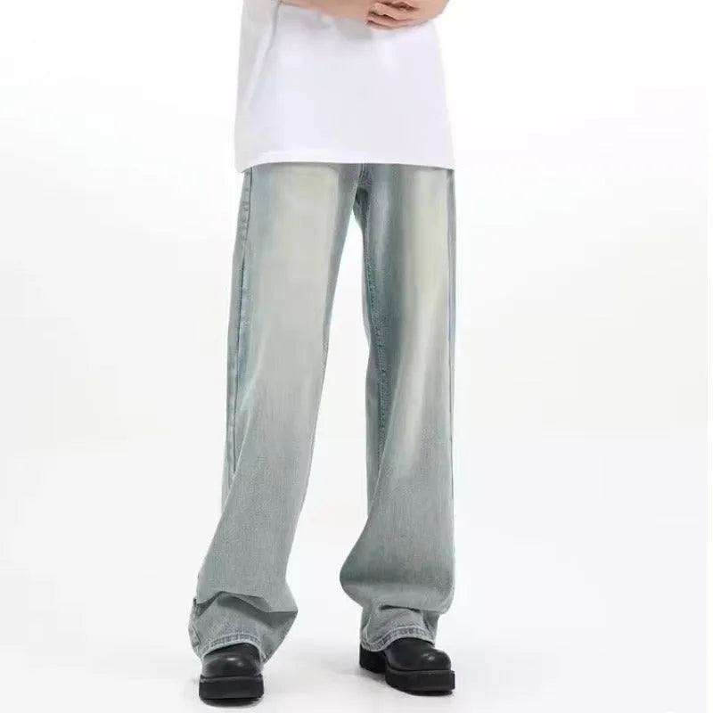 Casual blue retro-style loose trousers made from rabbit fur denim with an elastic fit.