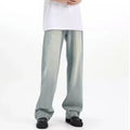 Casual blue retro-style loose trousers made from rabbit fur denim with an elastic fit.