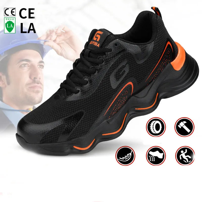 Men steel toe work safety shoes black with blue trim, lace-up low top, fly weave upper and PU sole