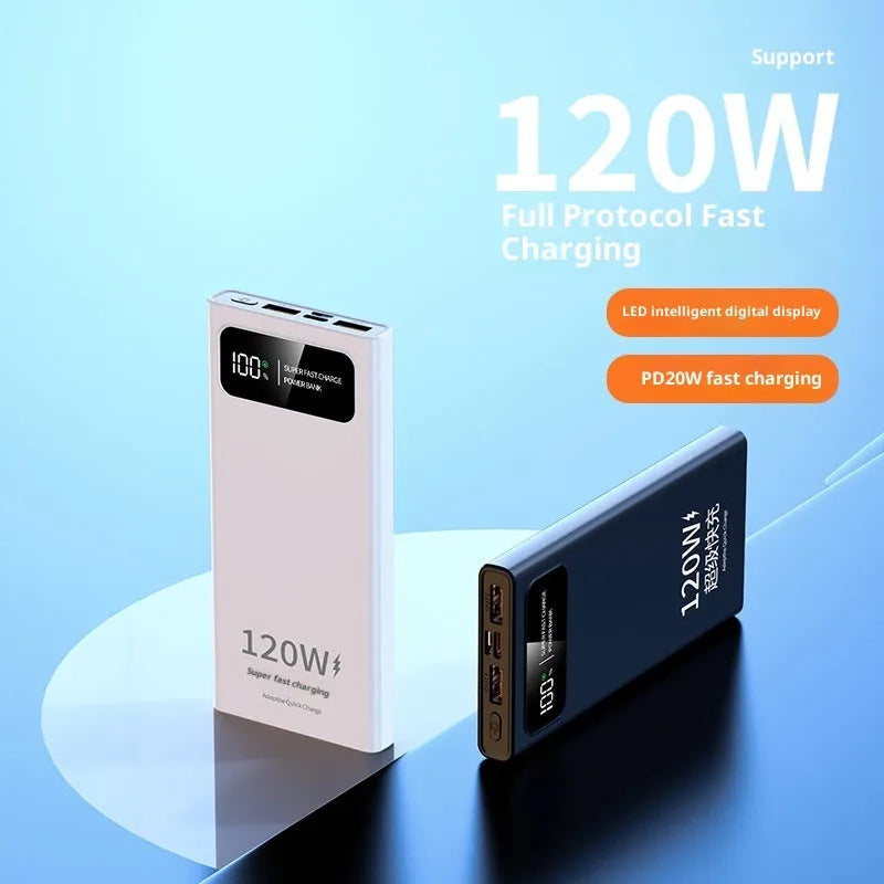 120W fast charging power bank 50000mAh capacity PVC shell 141x66x27mm black or white