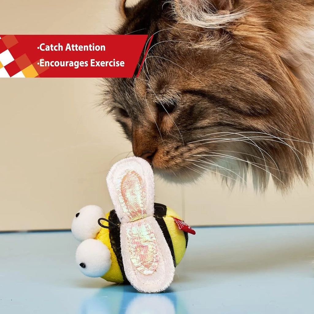 Yellow bee-shaped interactive cat toy with flannelette fabric and electronic sound components