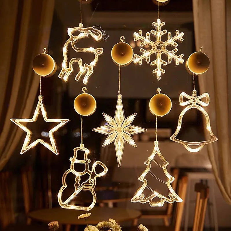 LED Christmas suction cup chandelier with Santa, elk, and snowman designs on window